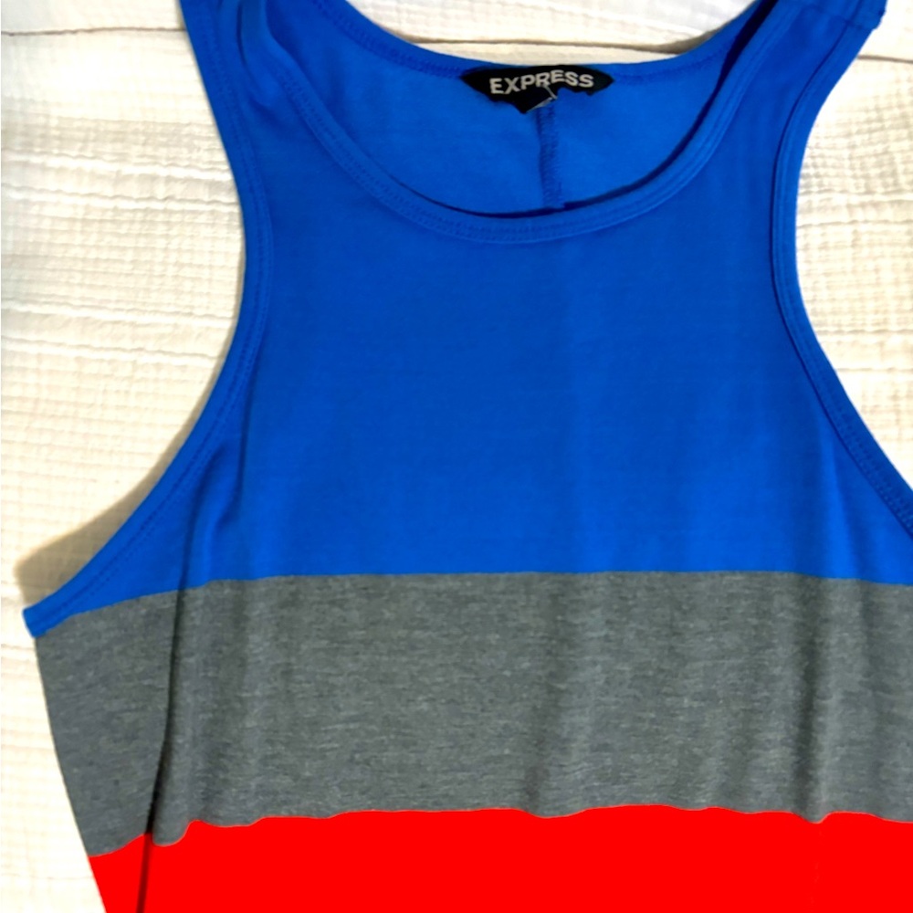 Casual dress blue, gray, black, orange and white block colors. Size M